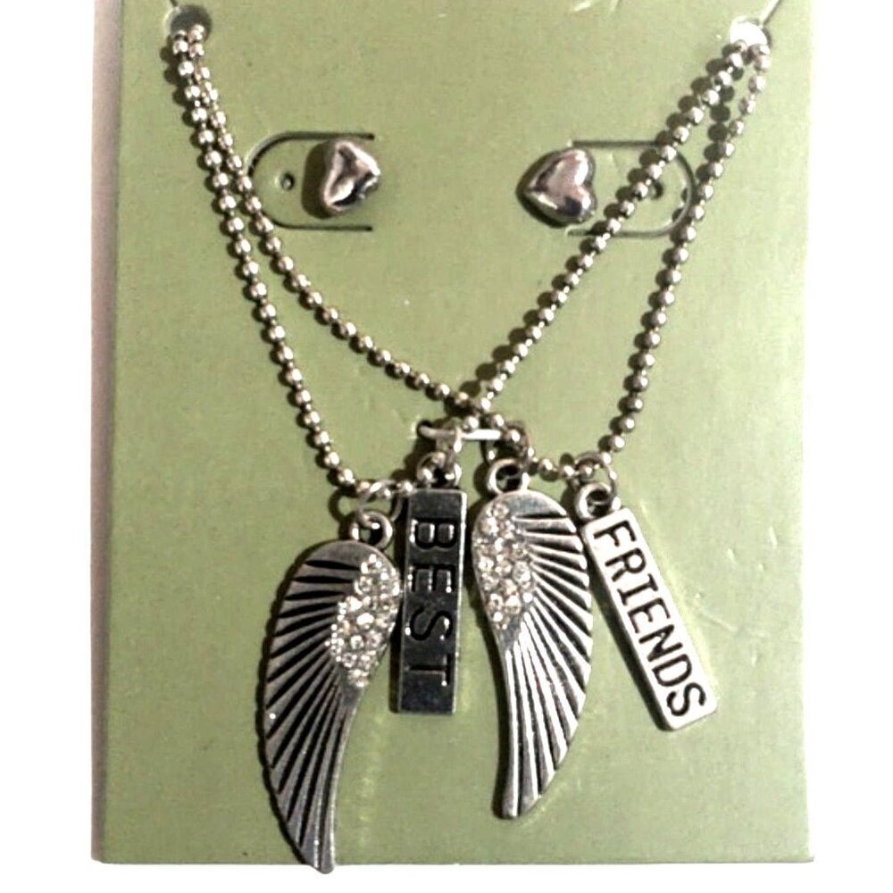 Best Friends Angel Wings Pendant Necklace Set with Heart Stud Earrings - Women’s